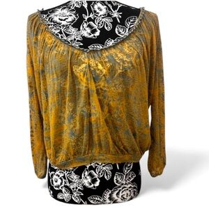 Free People Boho Burnout Cropped Top Beaded 3/4 Sleeve Mustard Yellow S